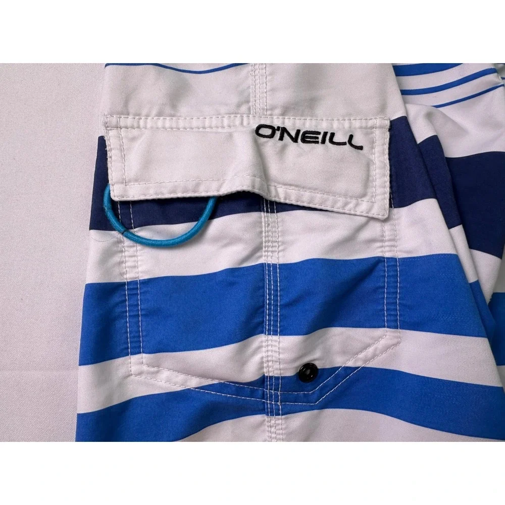 O'Neill Mens Sz 32 Board Shorts Blue White Striped Surf Swim Trunks Cargo Pocket